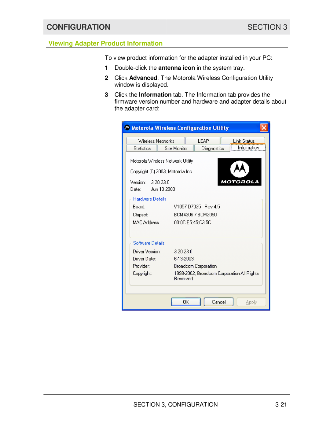 Motorola WN825G manual Viewing Adapter Product Information 