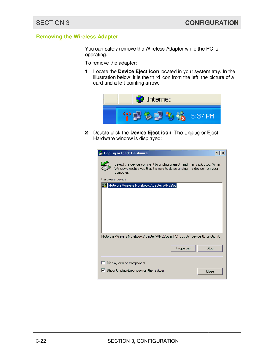 Motorola WN825G manual Removing the Wireless Adapter 