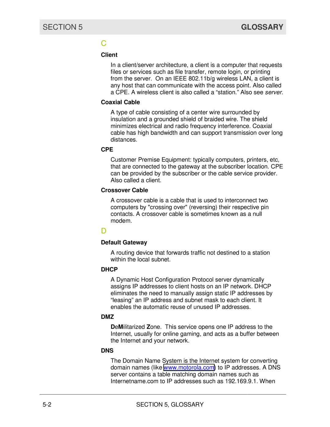 Motorola WN825G manual Glossary, Cpe, Dhcp, Dmz, Dns 