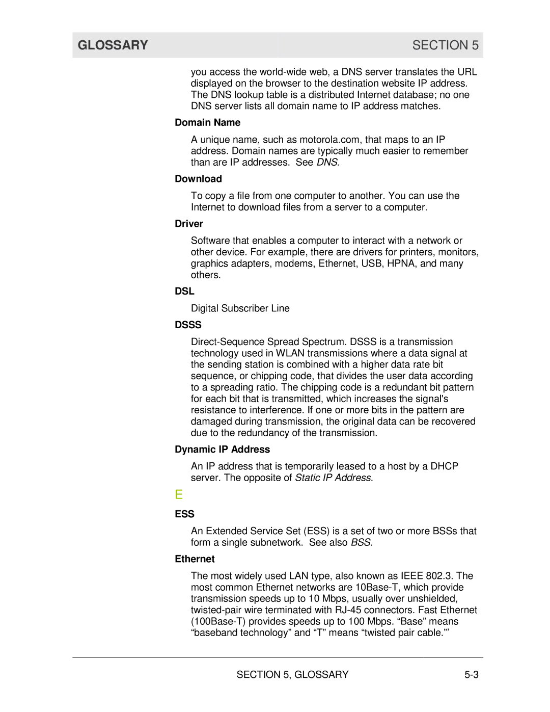 Motorola WN825G manual Glossary Section, Dsl, Dsss, Ess 