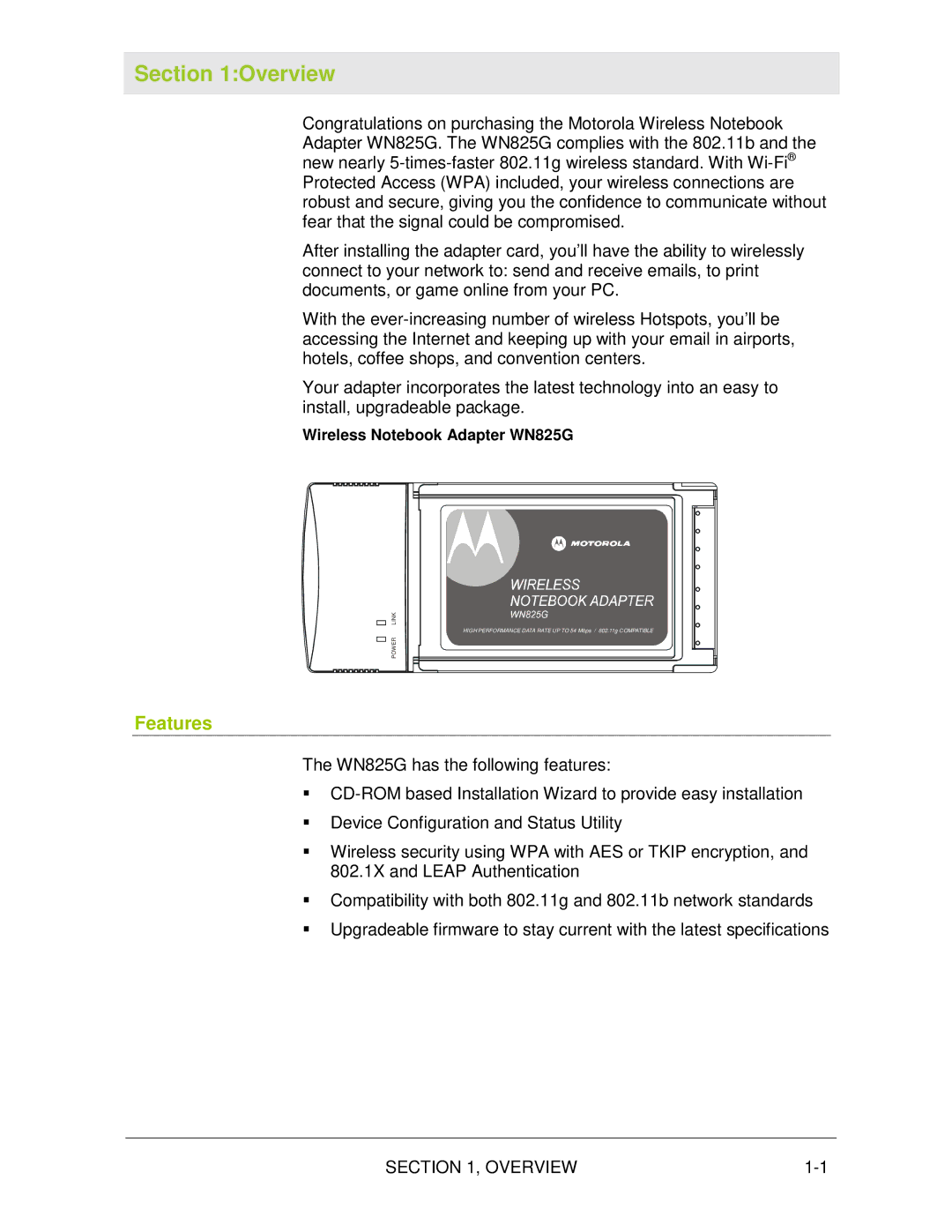 Motorola WN825G manual Overview, Features 