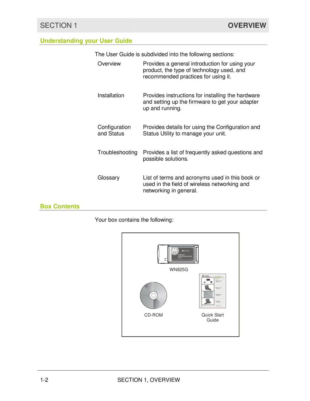 Motorola WN825G manual Overview, Understanding your User Guide, Box Contents 