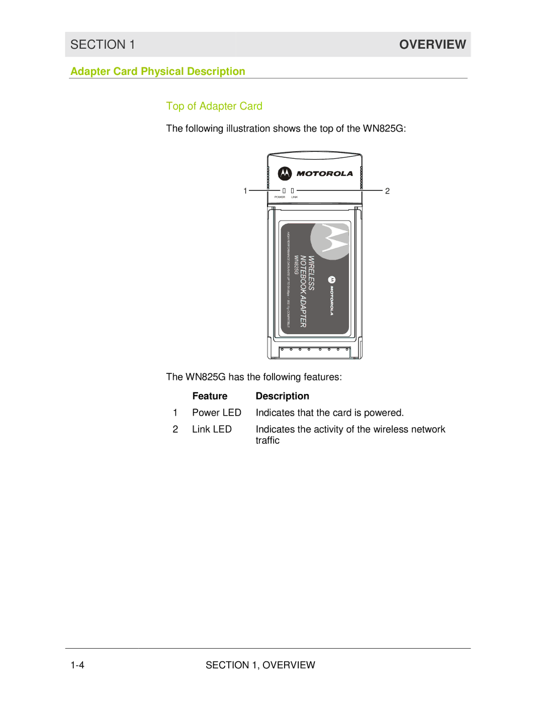 Motorola WN825G manual Adapter Card Physical Description, Feature Description 