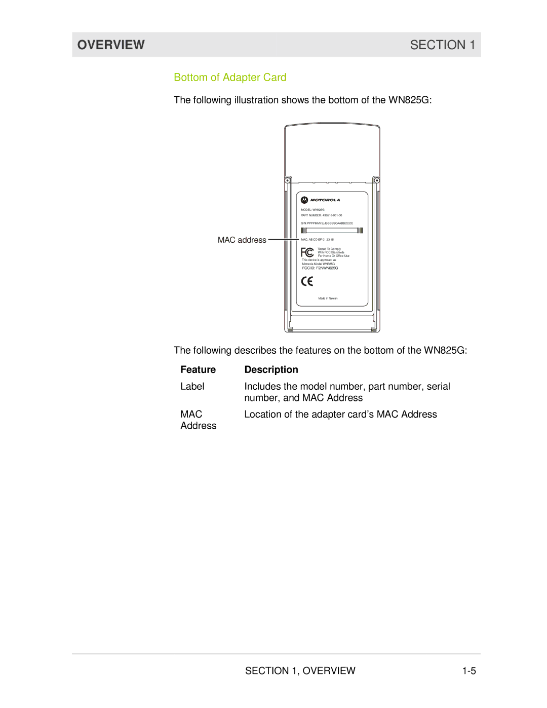 Motorola WN825G manual Bottom of Adapter Card 