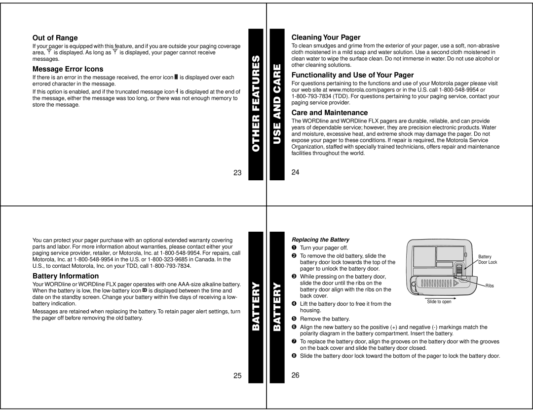 Motorola WORDline FLX manual Other Features USE and Care 