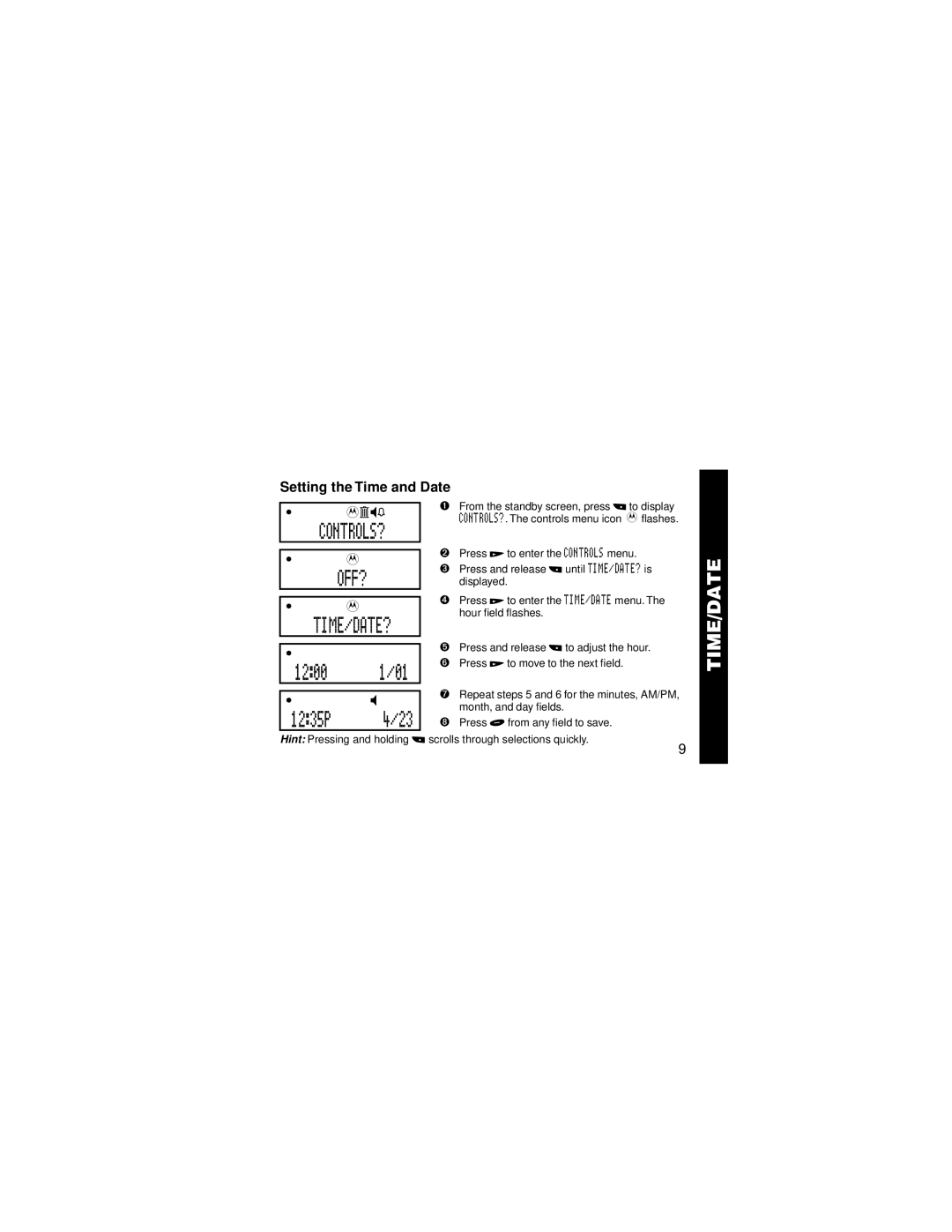 Motorola WORDlineTM or WORDline FLXTM pager manual Controls? Off? Time/Date?, 1200 1/01, Setting the Time and Date 