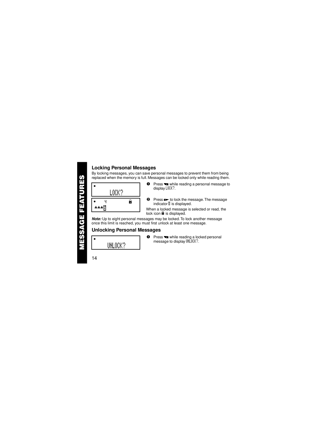 Motorola WORDlineTM or WORDline FLXTM pager manual Message Features, Lock?, ´´´º, Locking Personal Messages 