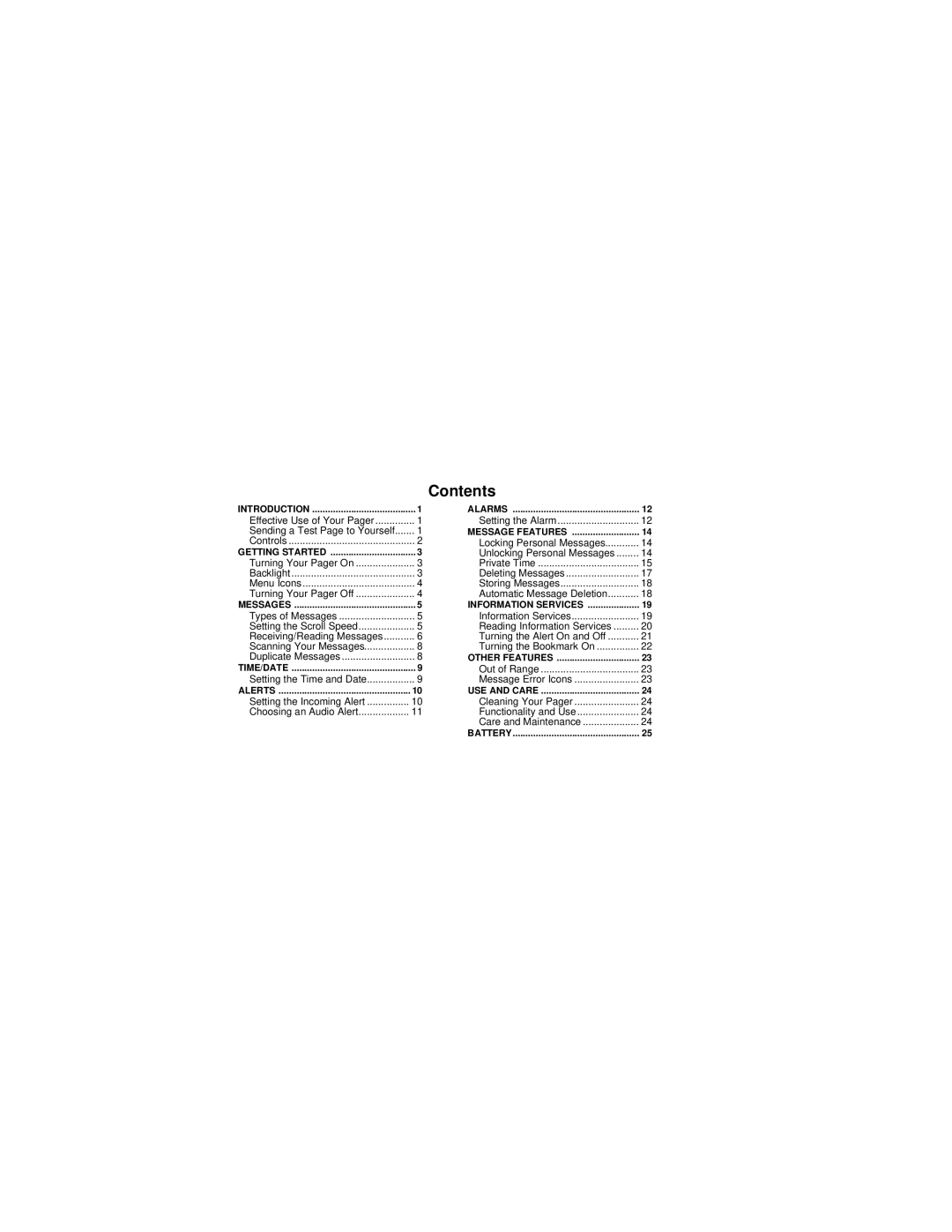 Motorola WORDlineTM or WORDline FLXTM pager manual Contents 