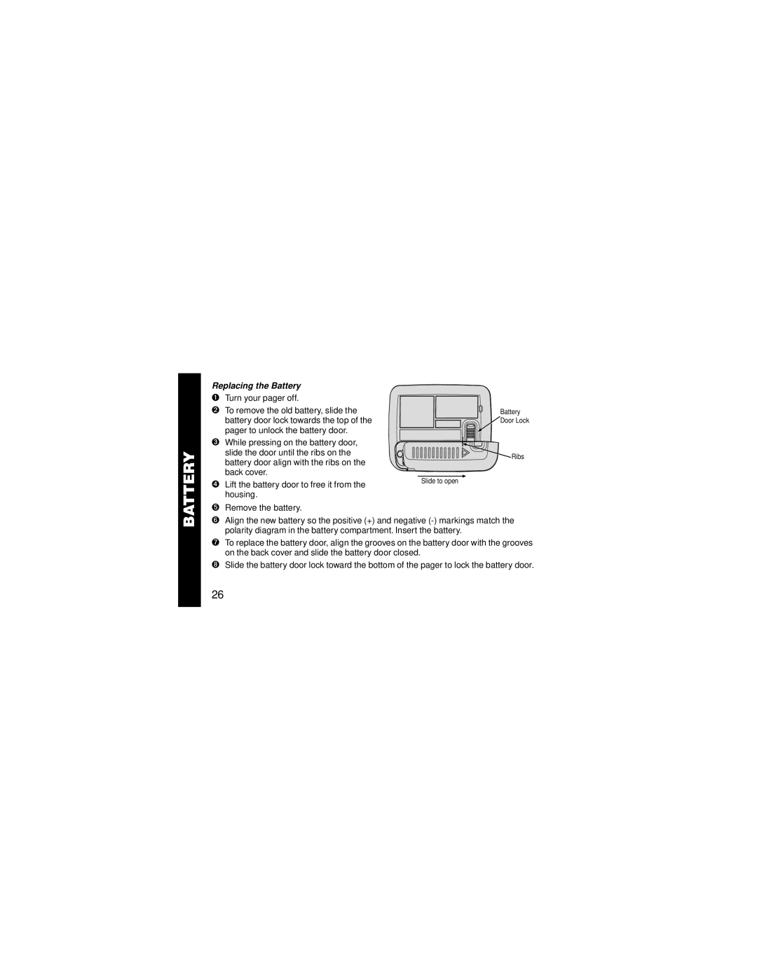 Motorola WORDlineTM or WORDline FLXTM pager manual Replacing the Battery 