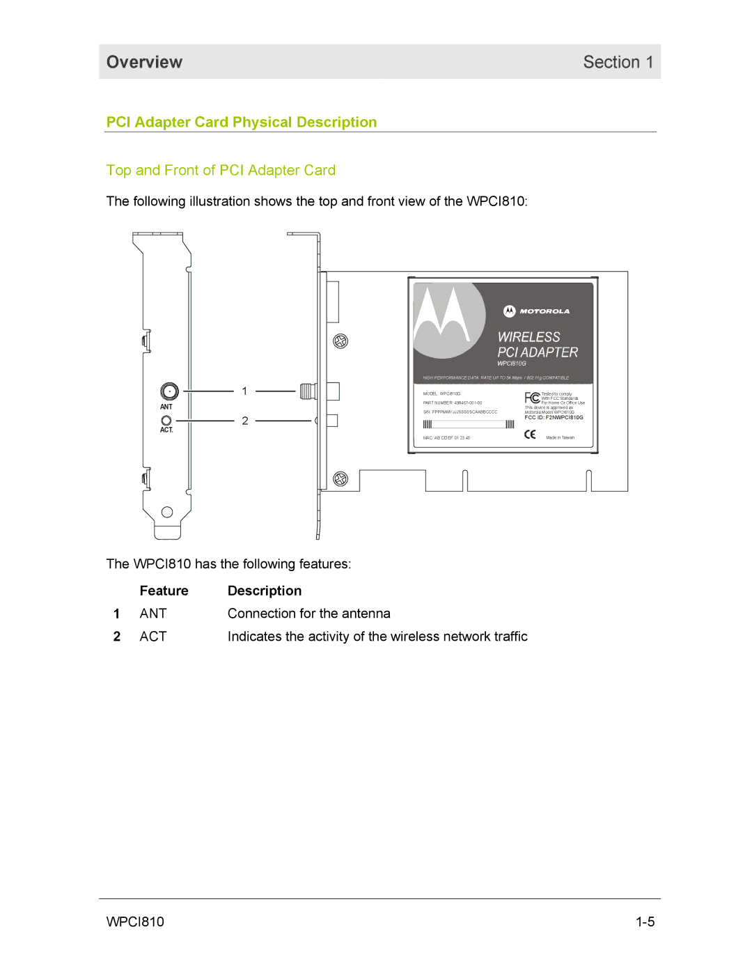 Motorola WPCI810GP manual PCI Adapter Card Physical Description, Top and Front of PCI Adapter Card, Ant, Act 