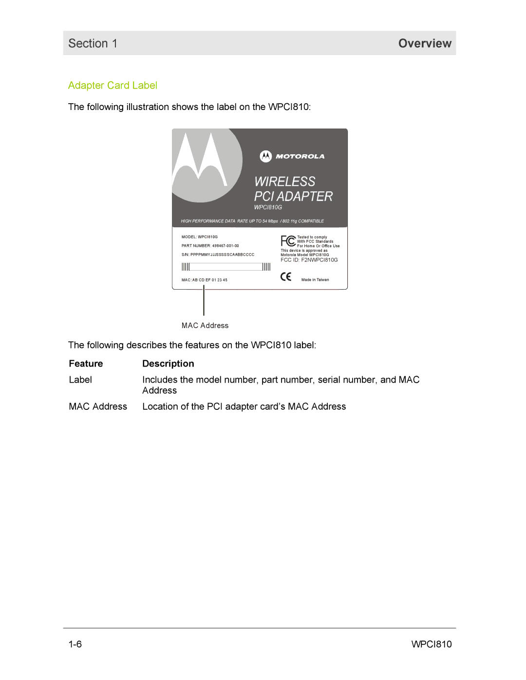 Motorola WPCI810GP manual Adapter Card Label, Following illustration shows the label on the WPCI810 