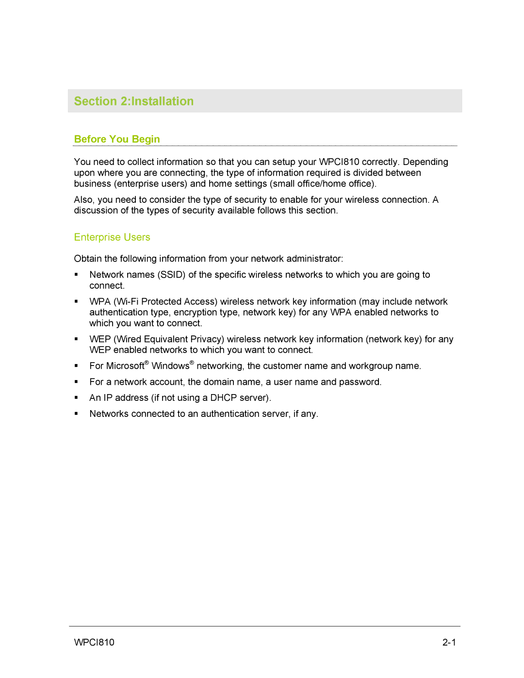 Motorola WPCI810GP manual Before You Begin, Enterprise Users 