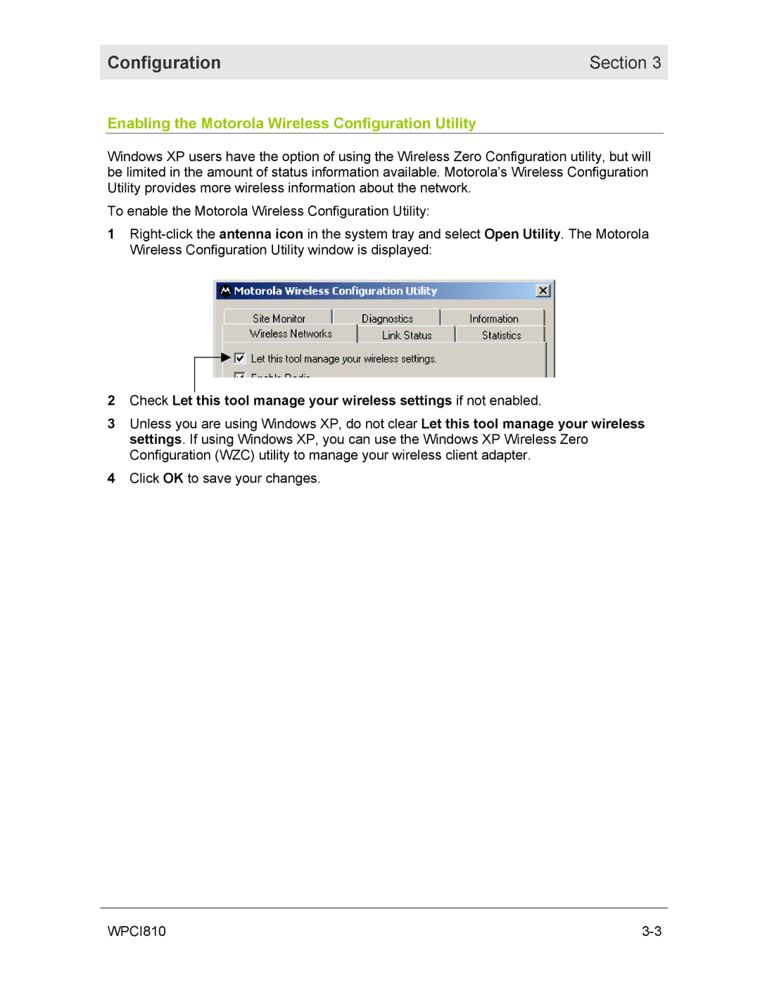 Motorola WPCI810GP manual Configuration Section, Enabling the Motorola Wireless Configuration Utility 