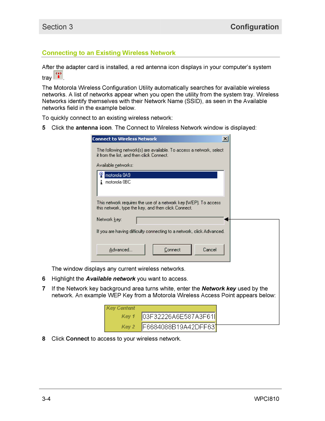 Motorola WPCI810GP manual Connecting to an Existing Wireless Network 