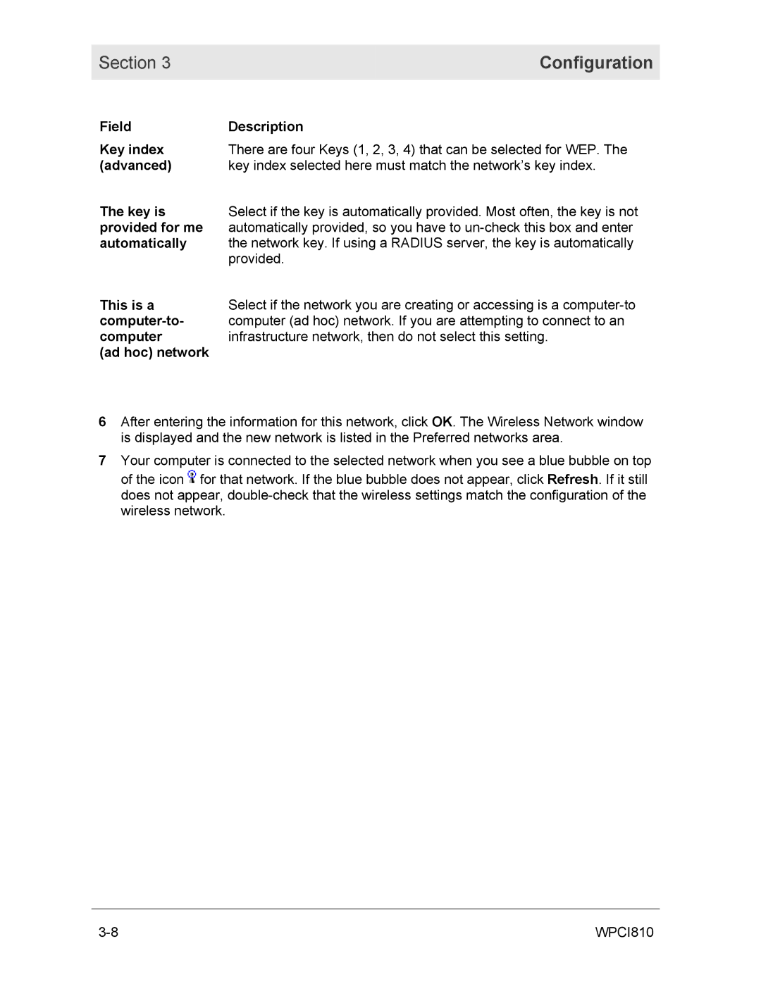 Motorola WPCI810G Field Description Key index, Advanced, Key is, Provided for me, Automatically, This is a, Computer-to 