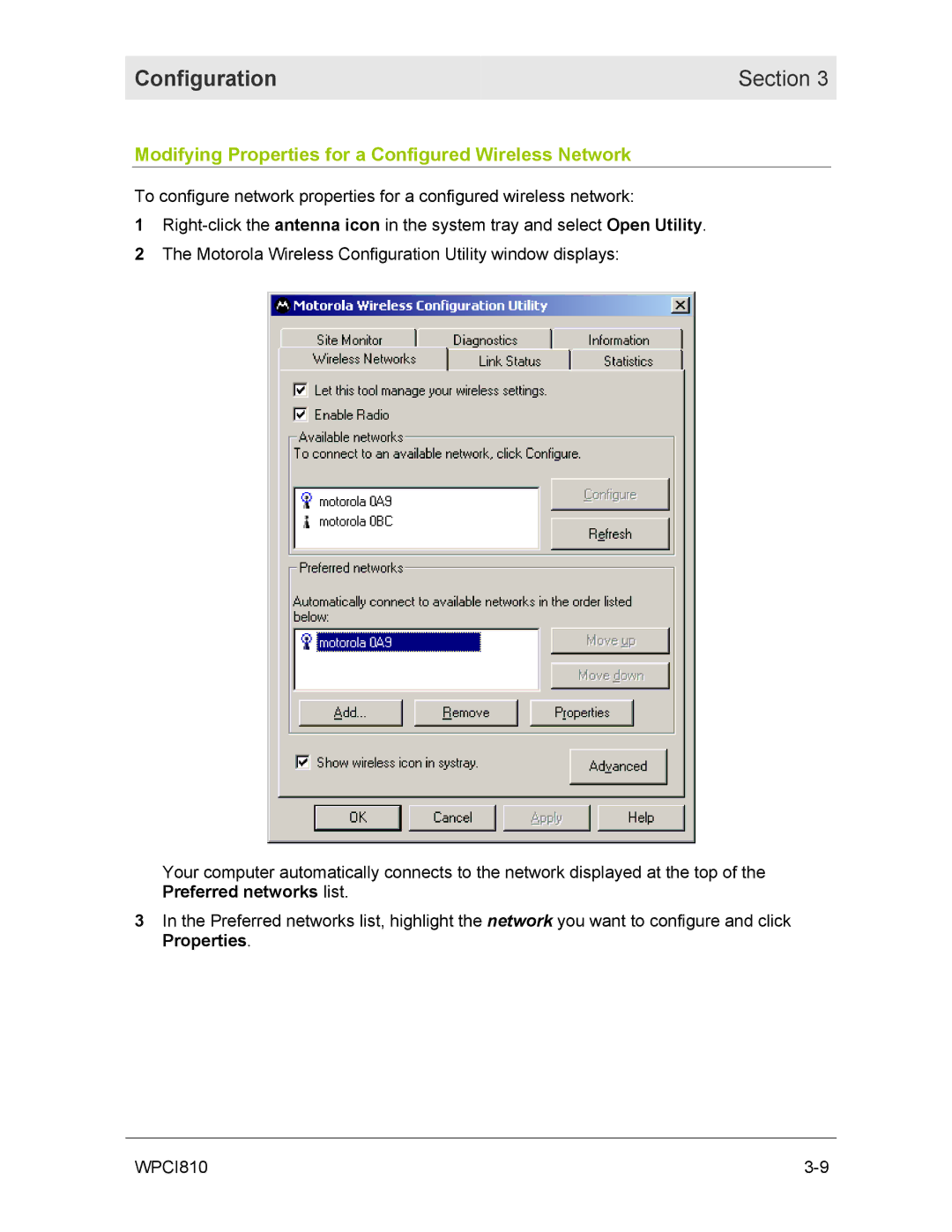 Motorola WPCI810GP manual Modifying Properties for a Configured Wireless Network 