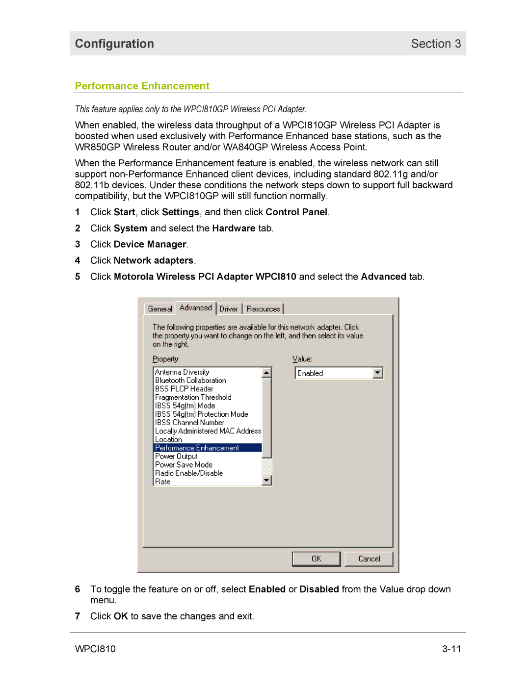 Motorola WPCI810GP manual Performance Enhancement 