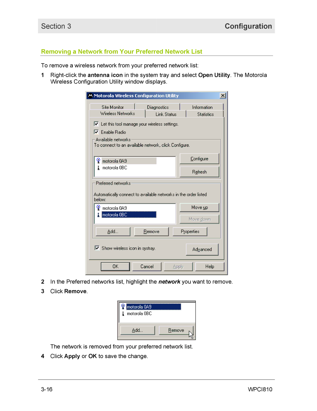 Motorola WPCI810GP manual Removing a Network from Your Preferred Network List 