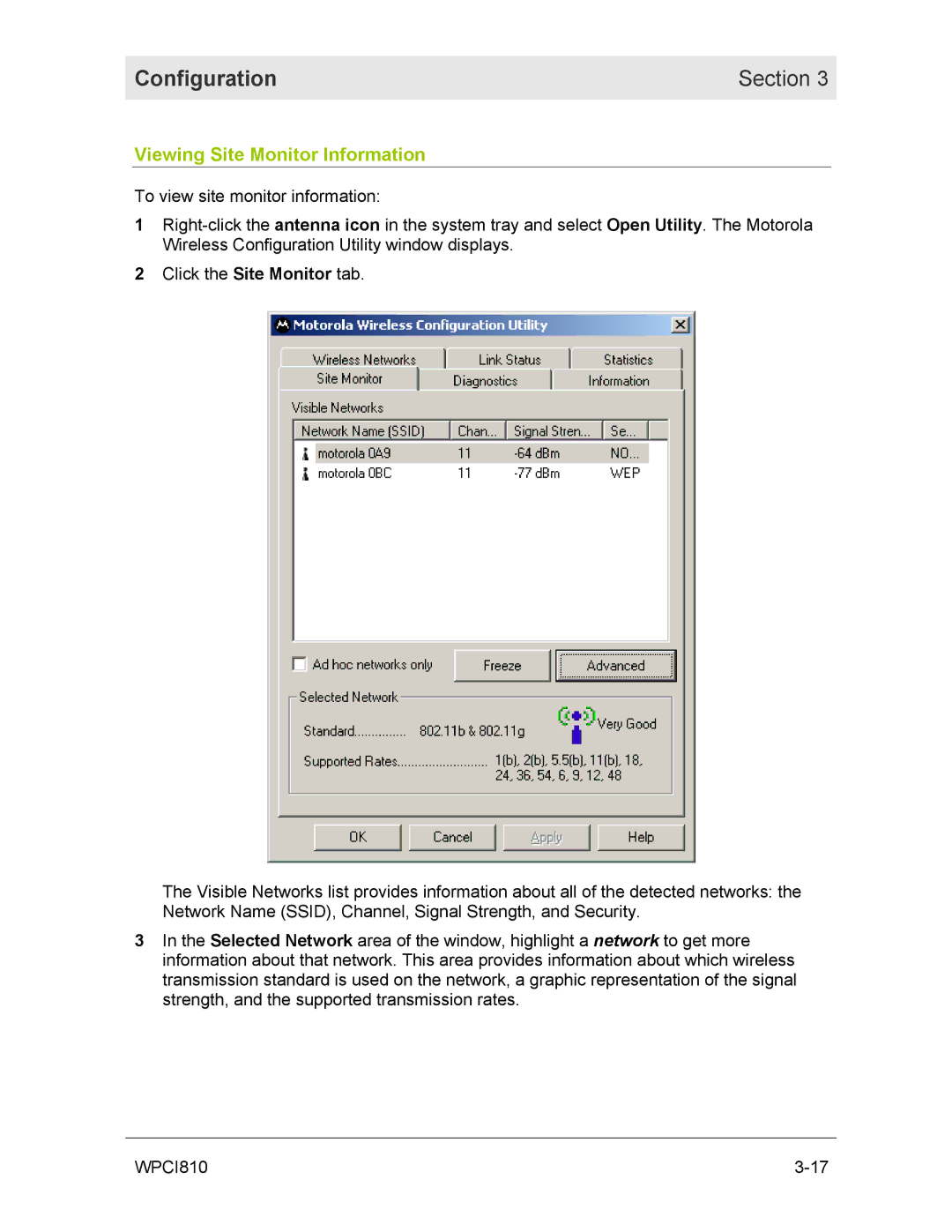 Motorola WPCI810GP manual Viewing Site Monitor Information 