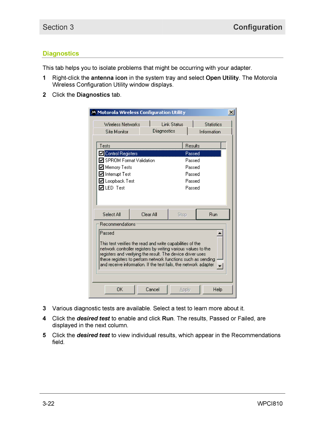 Motorola WPCI810GP manual Diagnostics 