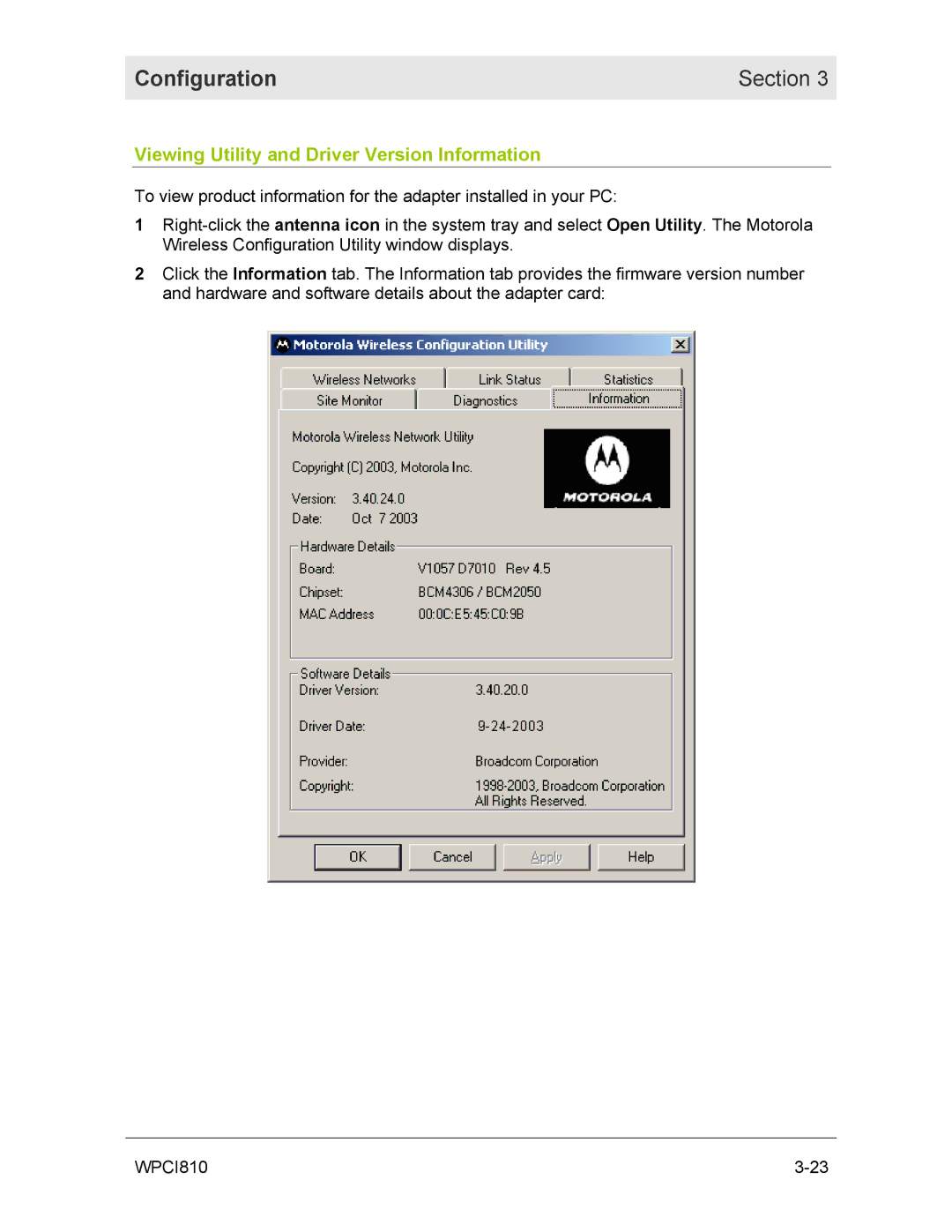 Motorola WPCI810GP manual Viewing Utility and Driver Version Information 