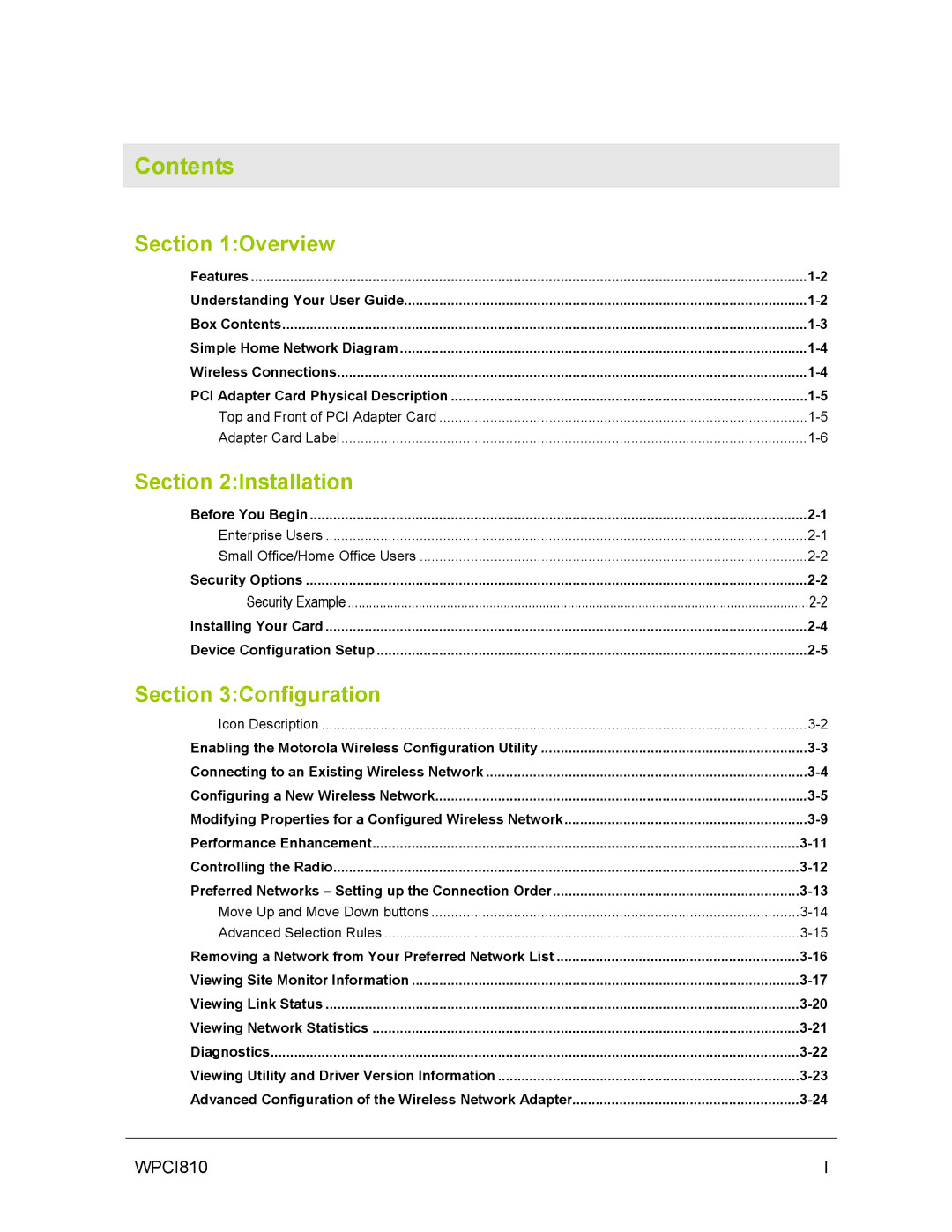 Motorola WPCI810GP manual Contents 