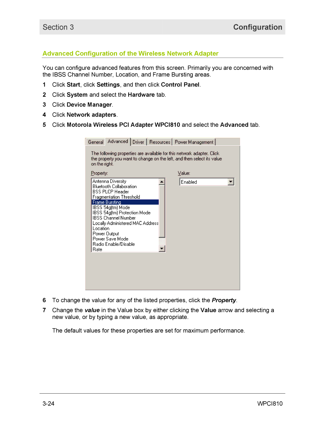 Motorola WPCI810GP manual Advanced Configuration of the Wireless Network Adapter 