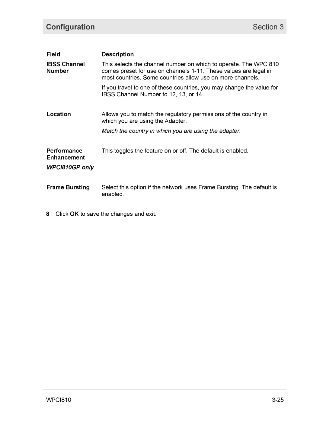 Motorola WPCI810GP manual Field Description Ibss Channel, Number, Location, Performance, Enhancement, Frame Bursting 