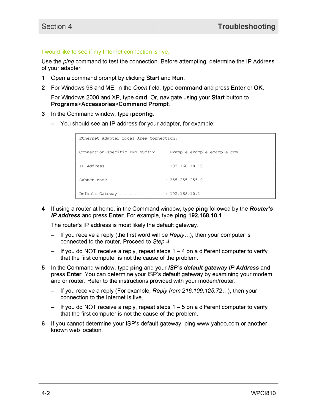 Motorola WPCI810GP manual Troubleshooting 