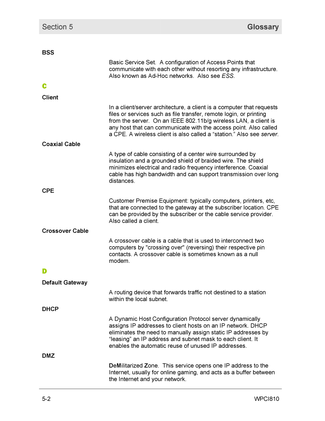 Motorola WPCI810GP manual Glossary, Bss, Cpe, Dhcp, Dmz 