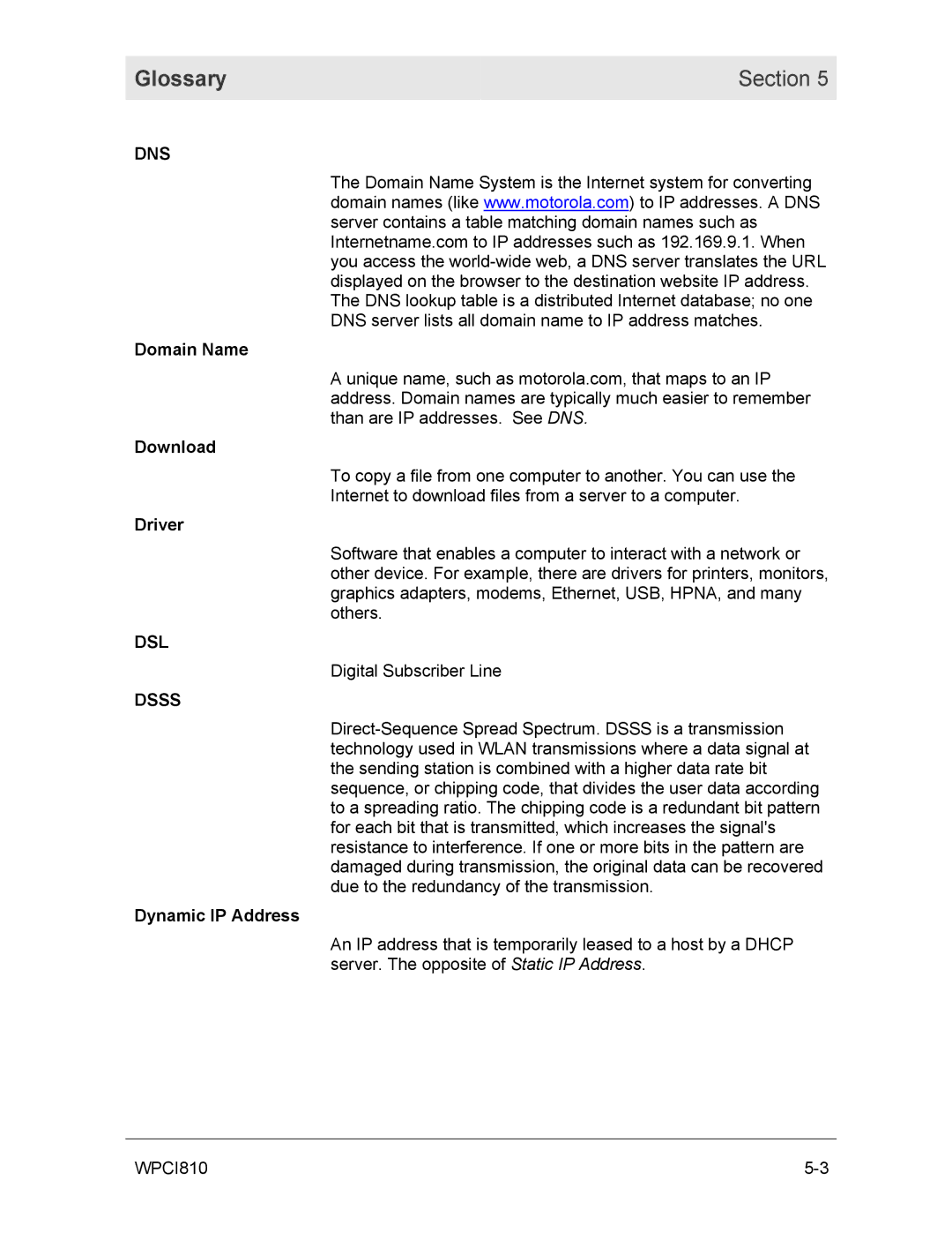 Motorola WPCI810GP manual Glossary Section, Dns, Dsl, Dsss 