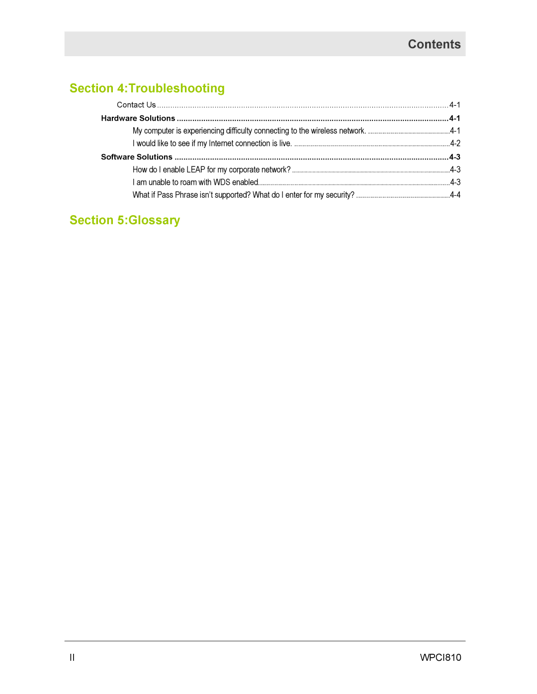 Motorola WPCI810GP manual Contents, Troubleshooting 