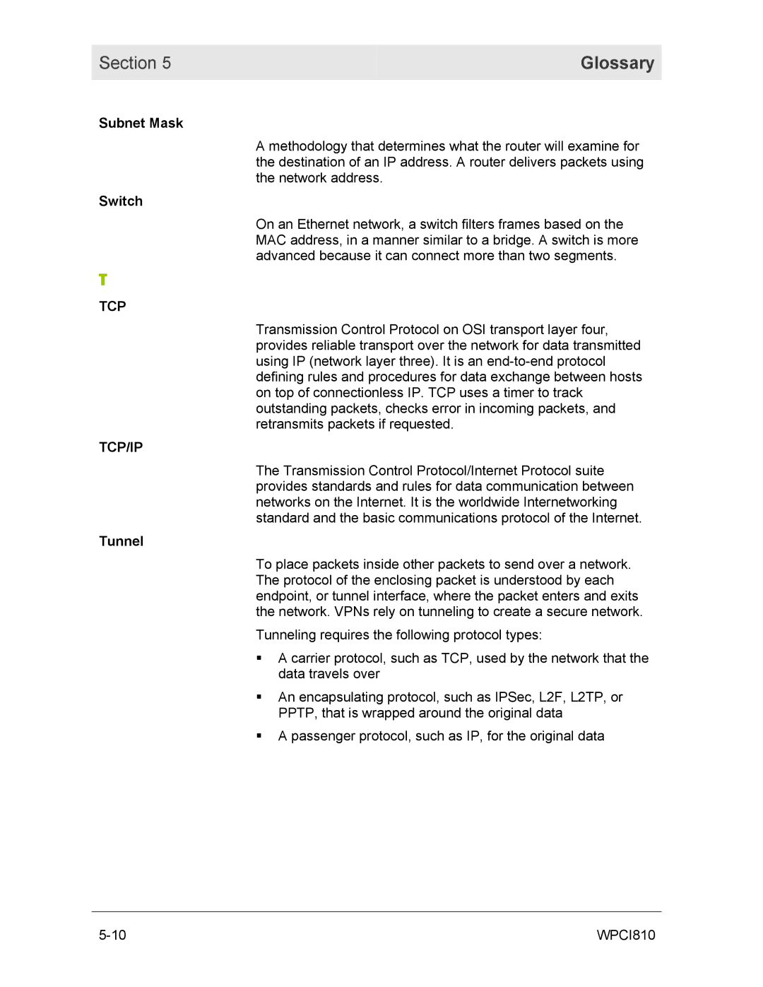 Motorola WPCI810GP manual Subnet Mask, Switch, Tcp/Ip, Tunnel 