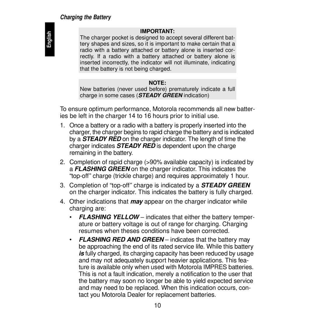 Motorola WPLN4114, WPLN4116, WPLN4115, WPLN4111, WPLN4113, WPLN4122, WPLN4117, WPLN4112 manual Charging the Battery 