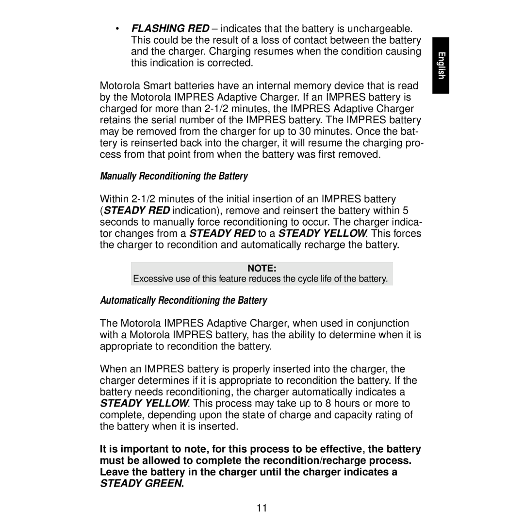 Motorola WPLN4122, WPLN4116, WPLN4115 manual Manually Reconditioning the Battery, Automatically Reconditioning the Battery 