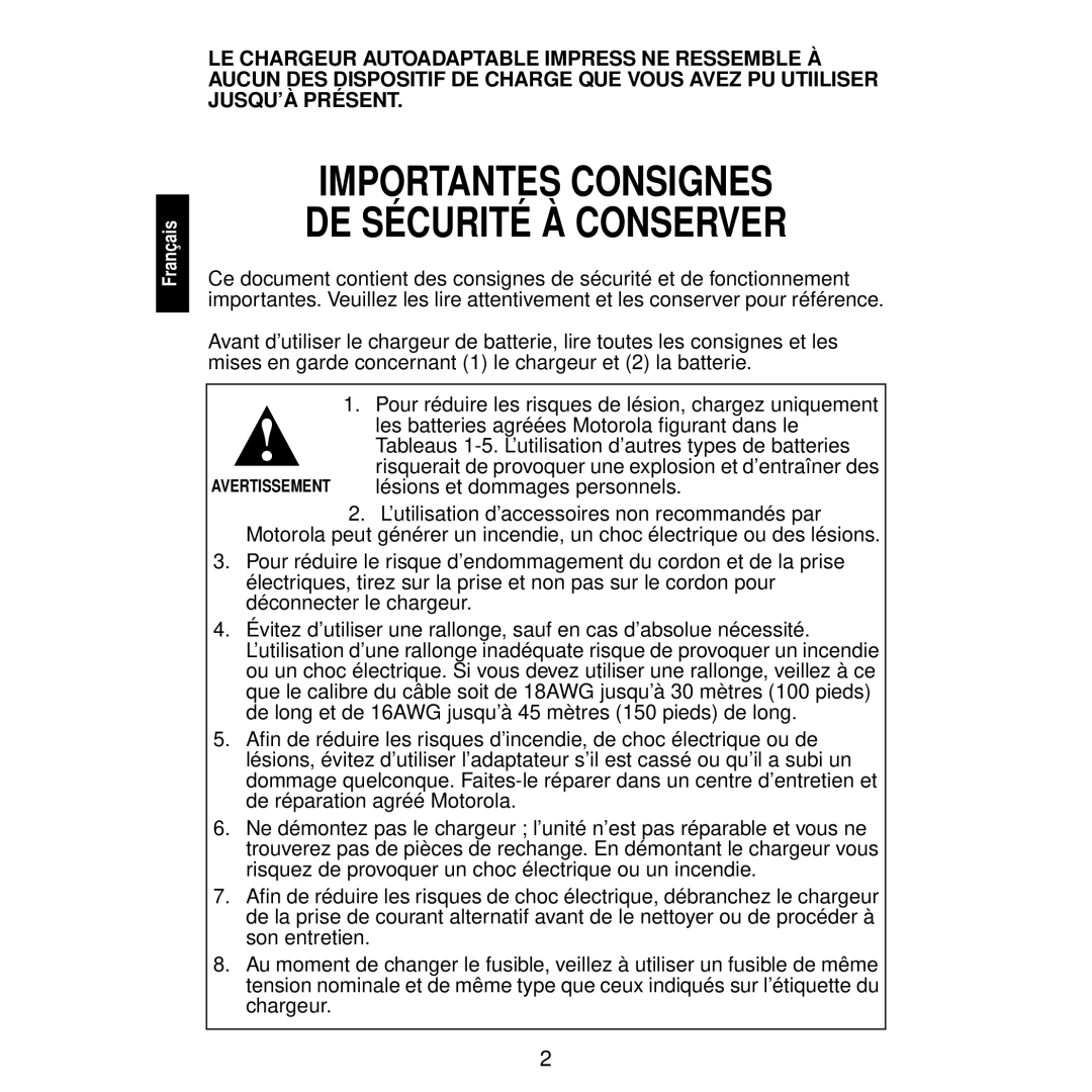 Motorola WPLN4111, WPLN4116, WPLN4115, WPLN4113, WPLN4114, WPLN4122, WPLN4117 Importantes Consignes DE Sécurité À Conserver 