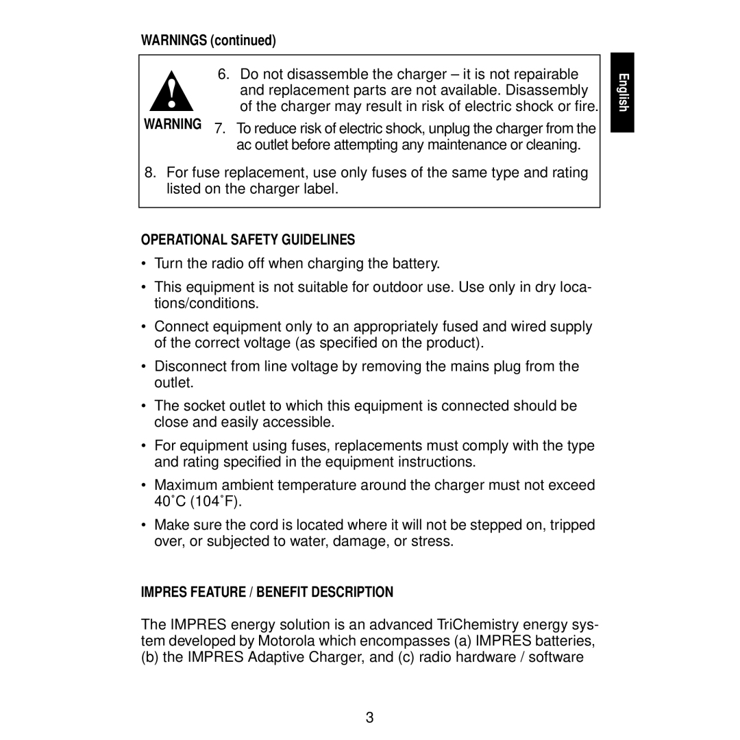 Motorola WPLN4122, WPLN4116, WPLN4115, WPLN4111, WPLN4113 Operational Safety Guidelines, Impres Feature / Benefit Description 