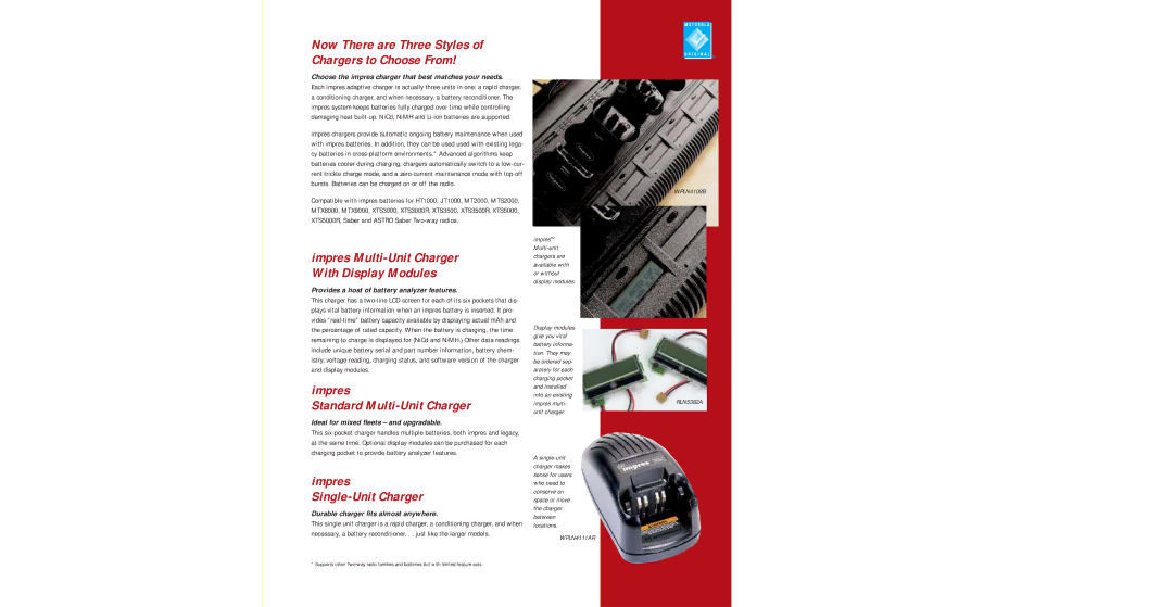 Motorola WPLN4130AR manual Impres Standard Multi-Unit Charger, Now There are Three Styles of Chargers to Choose From 