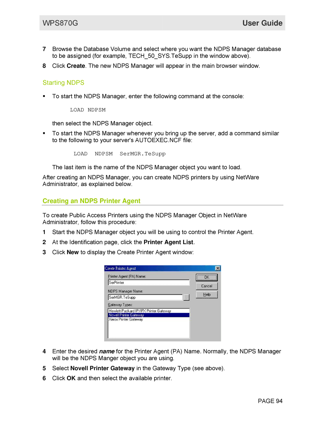 Motorola WPS870G manual Starting Ndps, Creating an Ndps Printer Agent 