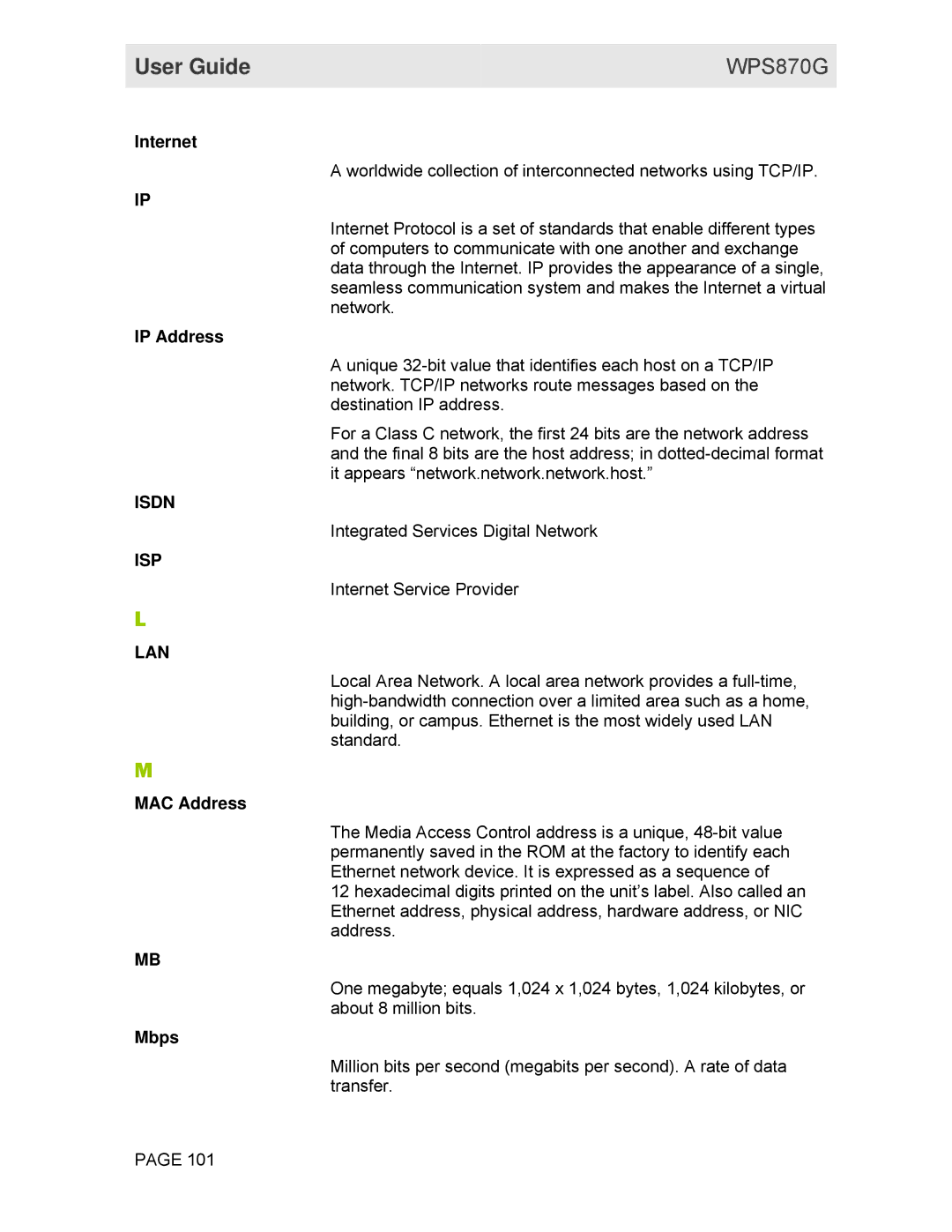 Motorola WPS870G manual Isdn, Isp, Lan 