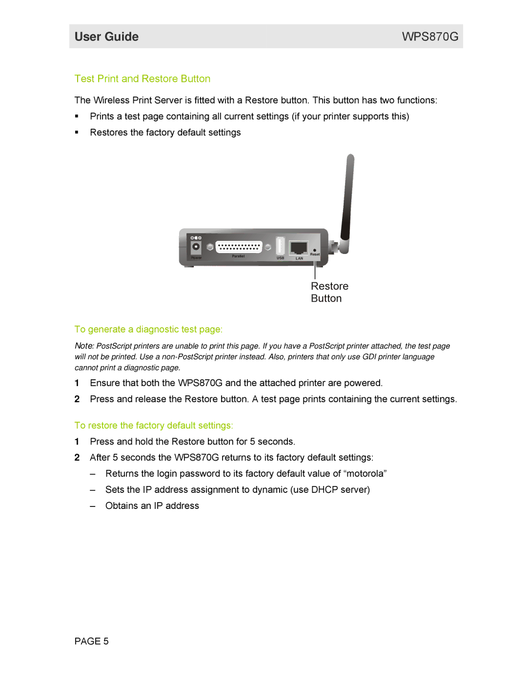 Motorola WPS870G manual Test Print and Restore Button 