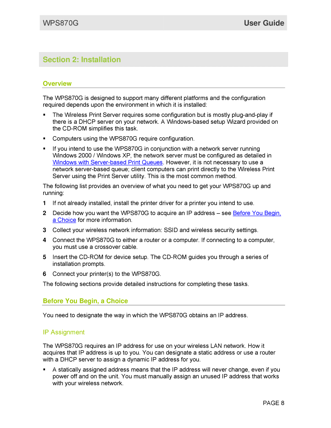 Motorola WPS870G manual Installation, Overview, Before You Begin, a Choice, IP Assignment 