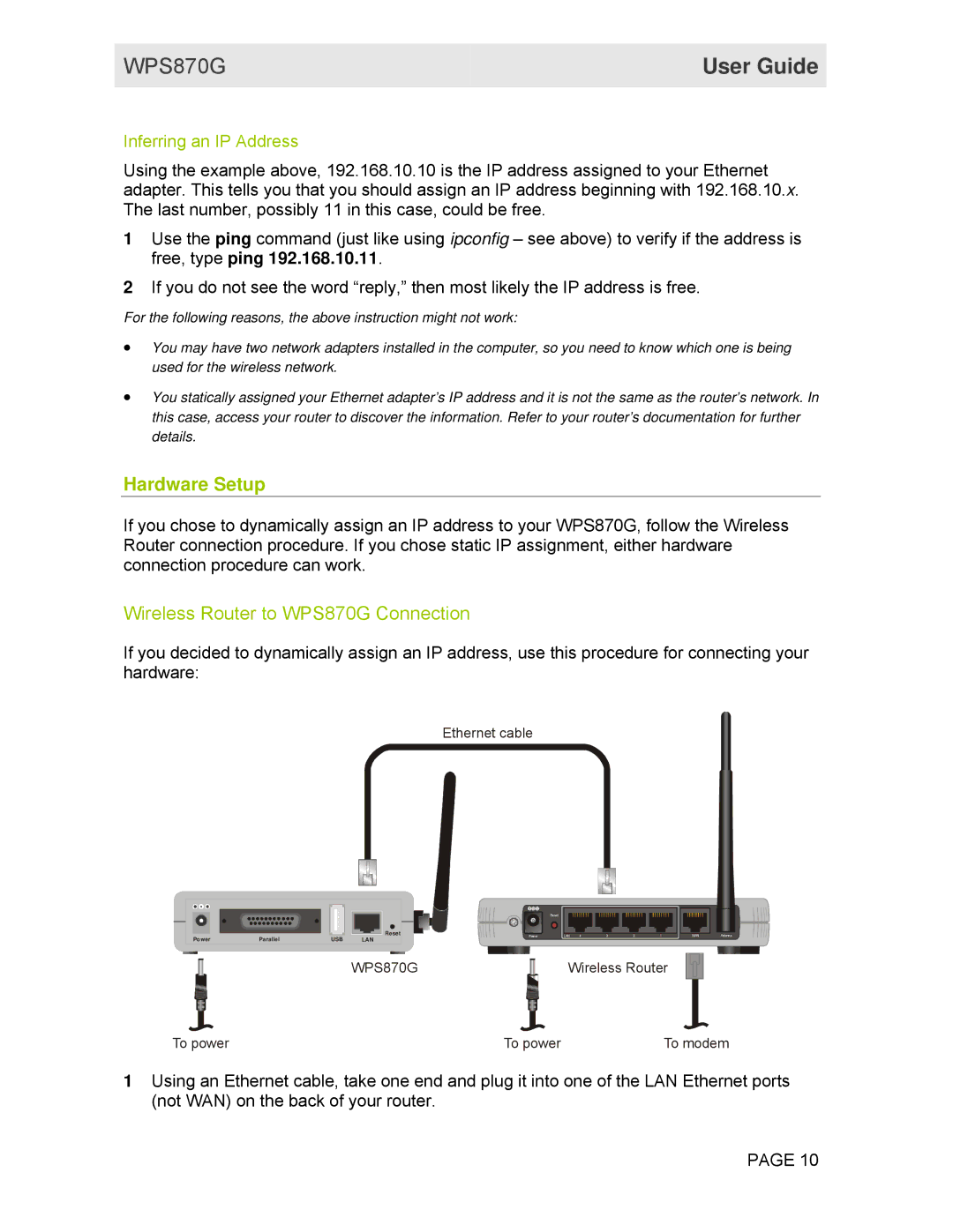 Motorola manual Hardware Setup, Wireless Router to WPS870G Connection 