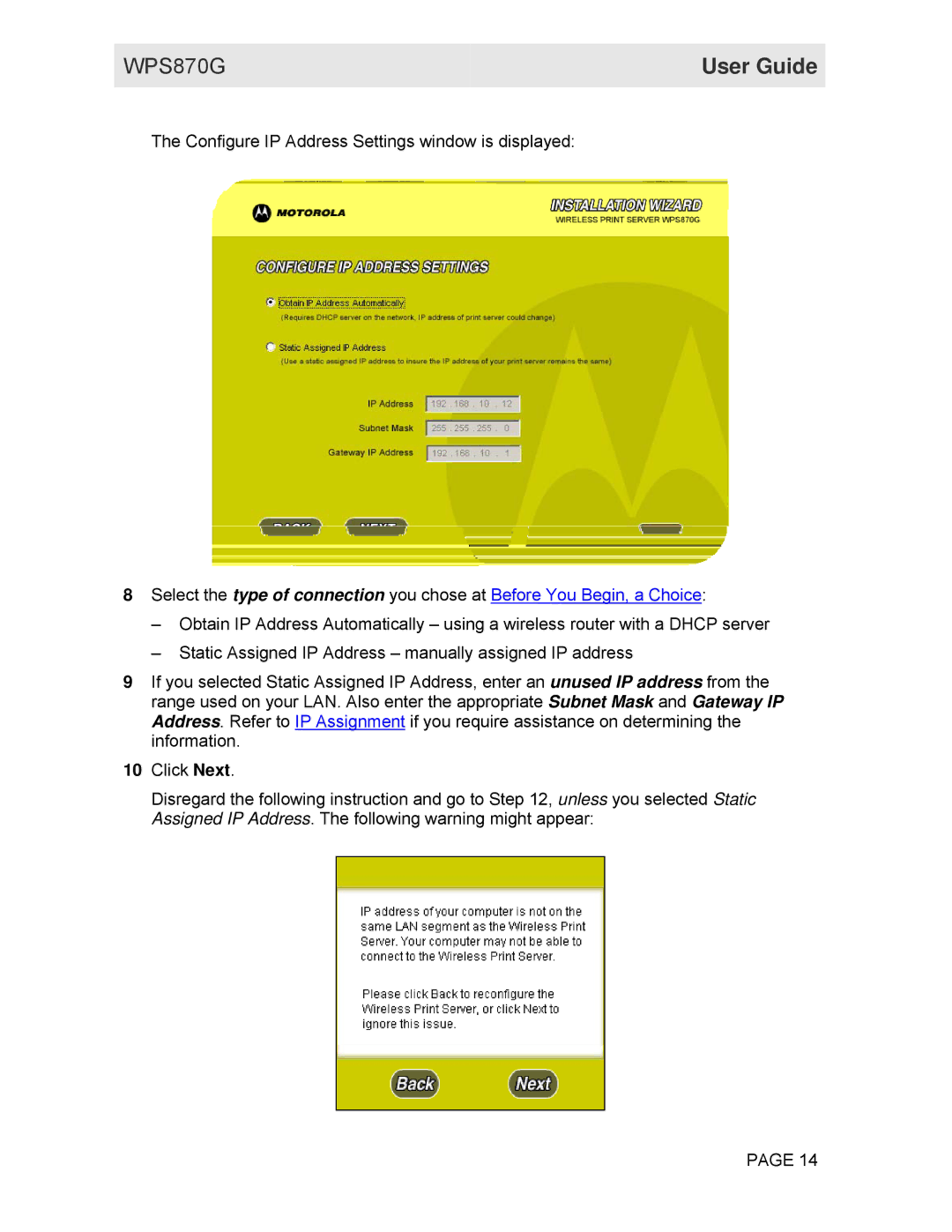 Motorola WPS870G manual Configure IP Address Settings window is displayed 