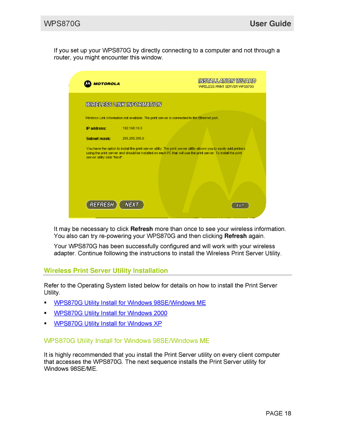 Motorola manual Wireless Print Server Utility Installation, WPS870G Utility Install for Windows 98SE/Windows ME 