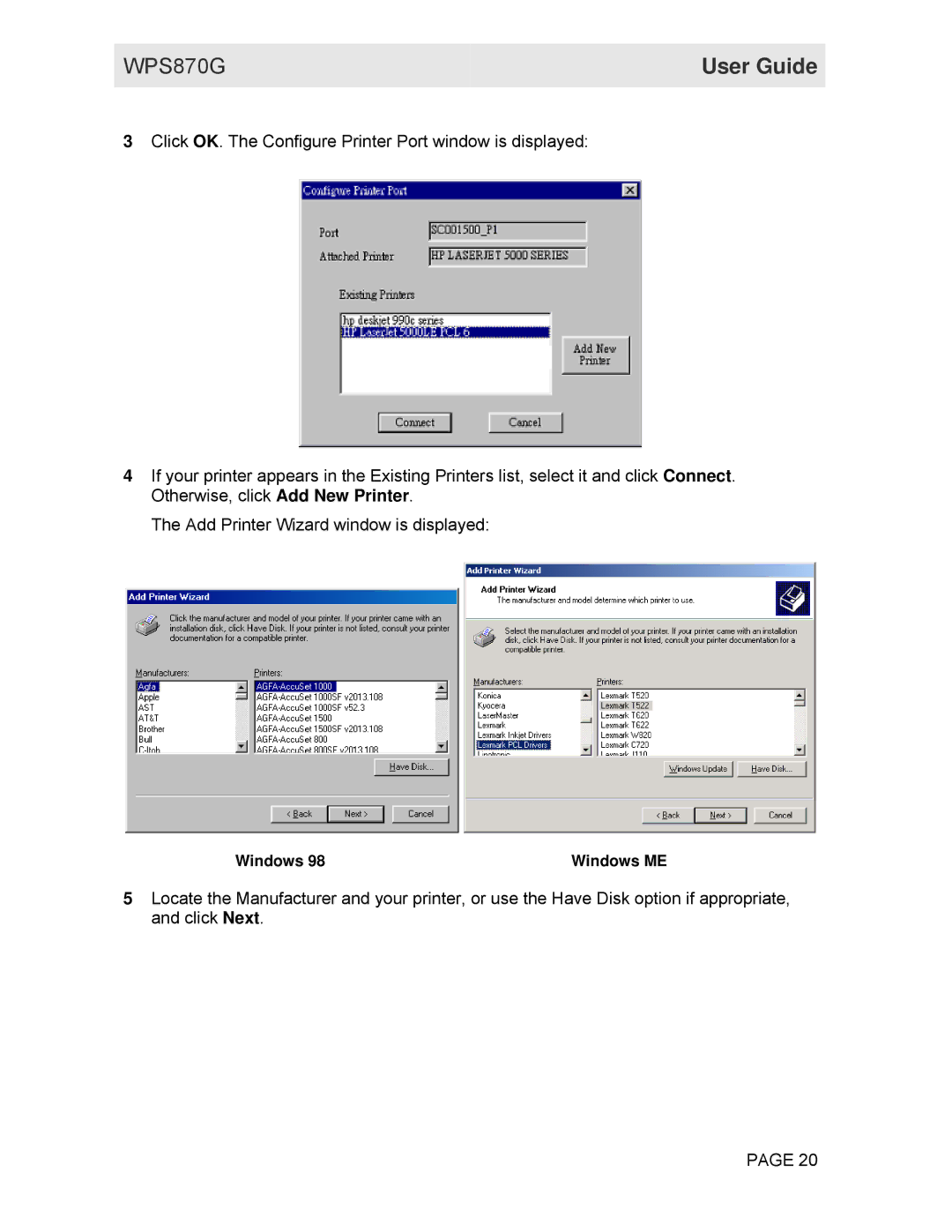 Motorola WPS870G manual Windows Windows ME 