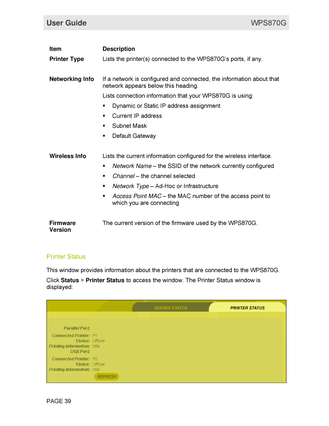 Motorola WPS870G manual Printer Status, ItemDescription 