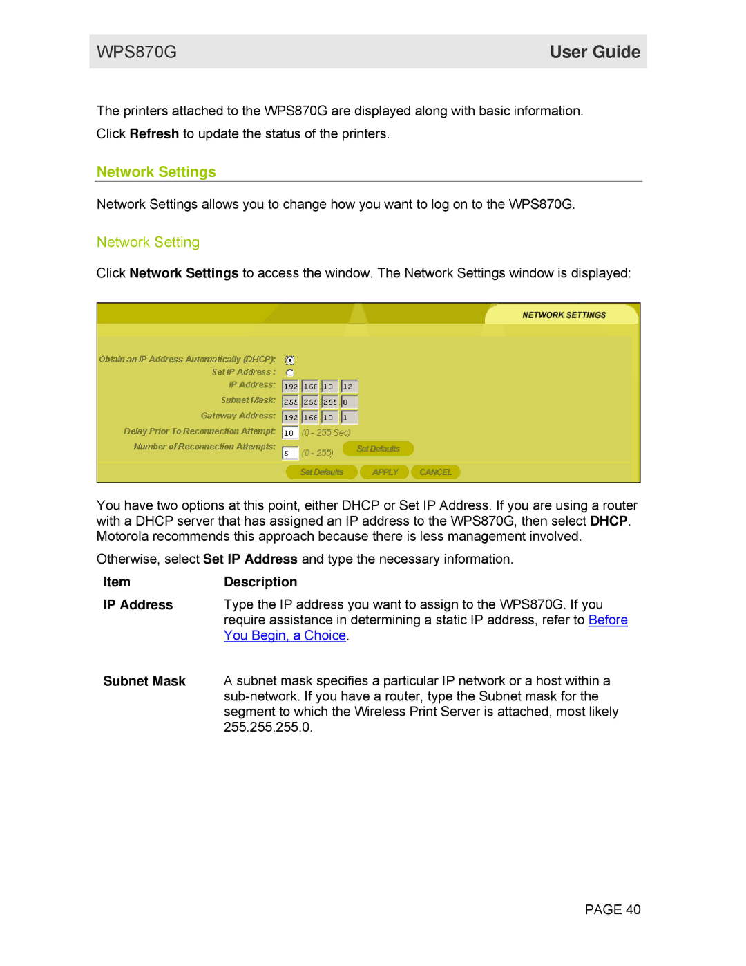 Motorola WPS870G manual Network Settings, IP Address, Subnet Mask 
