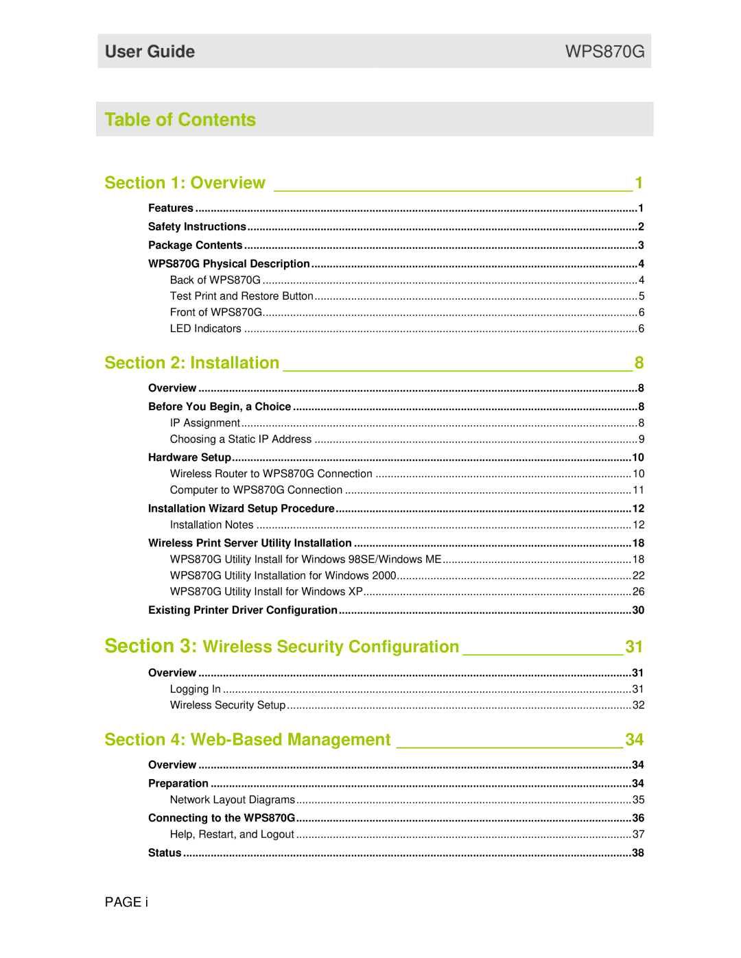 Motorola WPS870G manual Table of Contents 