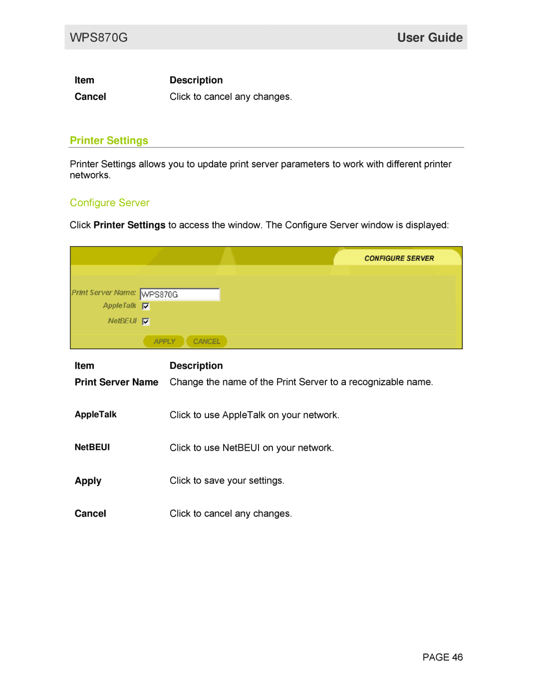 Motorola WPS870G manual Printer Settings, Configure Server, Cancel Click to cancel any changes 